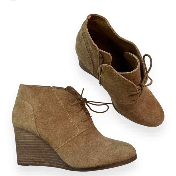 NEW Lucky Brand Women's Bootie 7M Shylow Wedge Beige Suede Lace Up Side Zipper - Picture 13 of 14